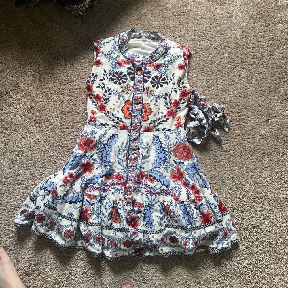 Floral Button-Front Sleeveless Cotton Dress - White with Blue & Red Floral Print